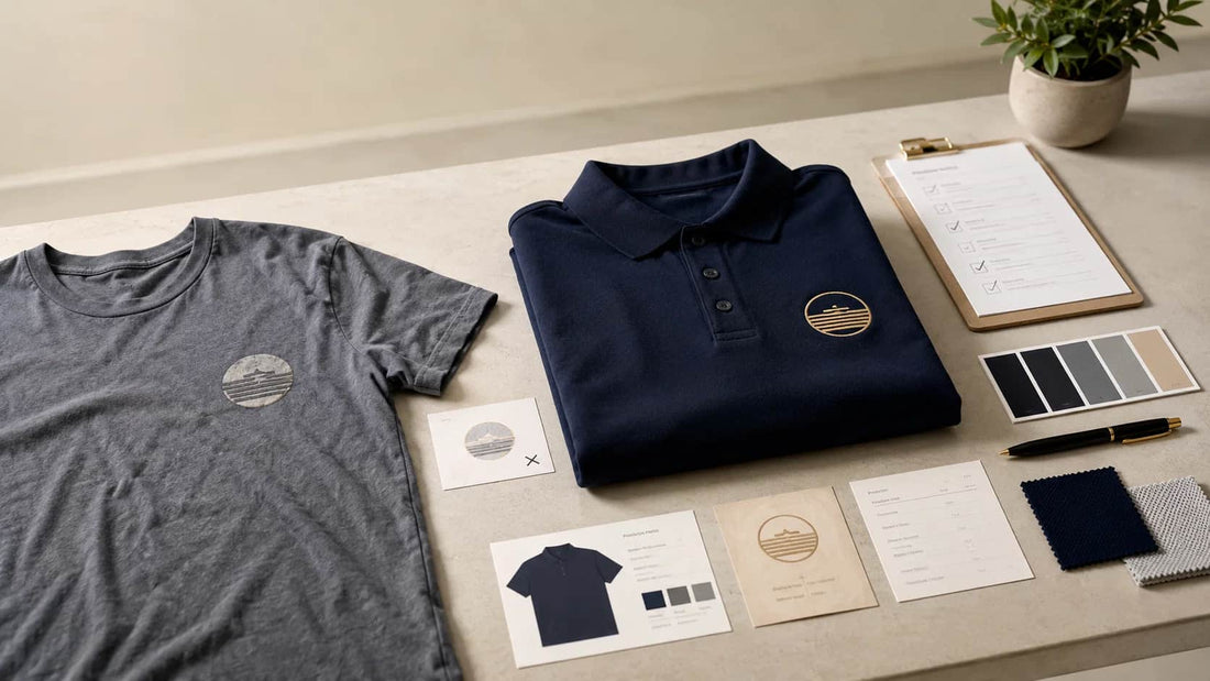 Custom T-shirt and embroidered polo with logo proofs, fabric swatches, color samples, and an apparel printer checklist
