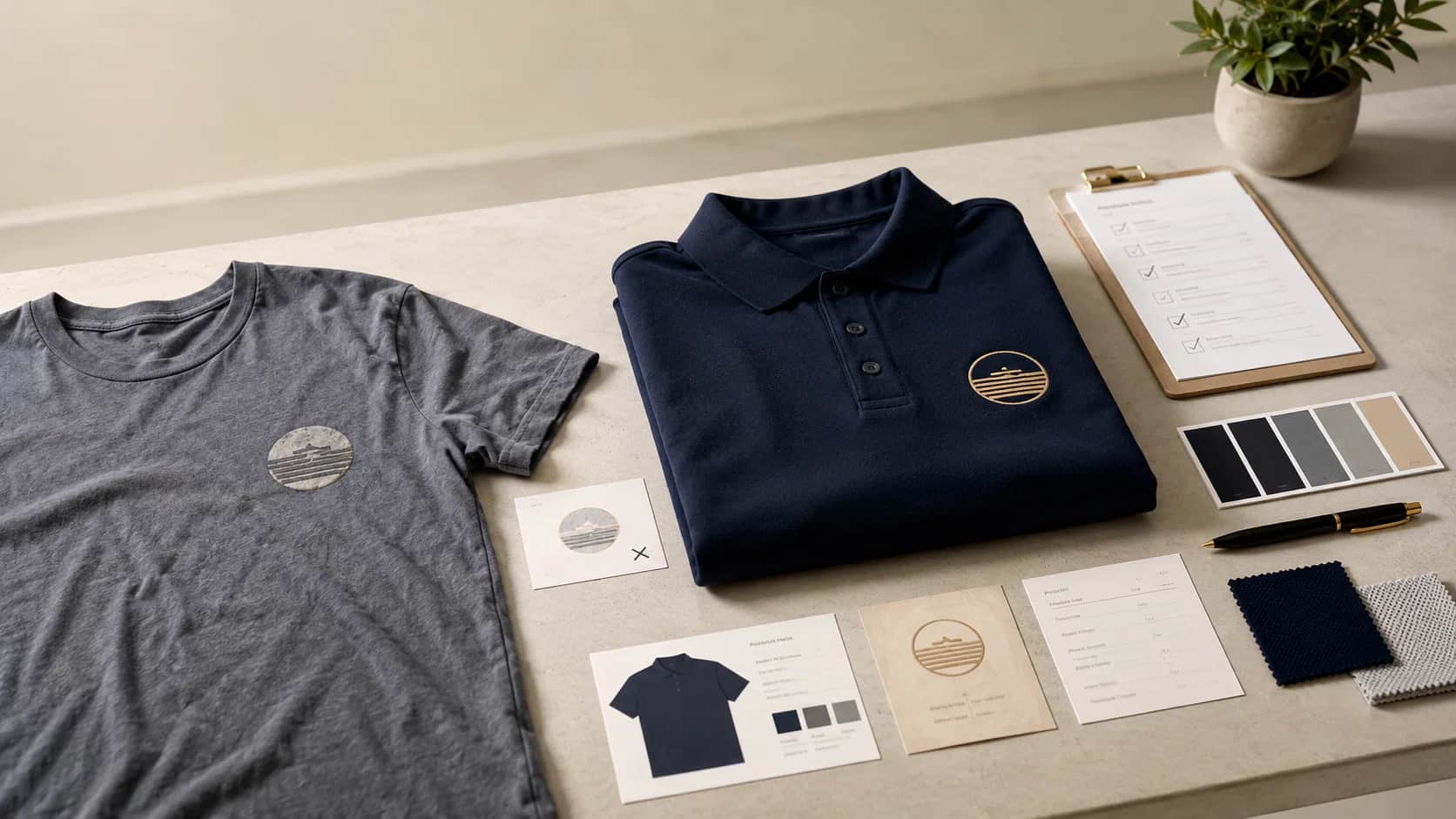 Custom T-shirt and embroidered polo with logo proofs, fabric swatches, color samples, and an apparel printer checklist