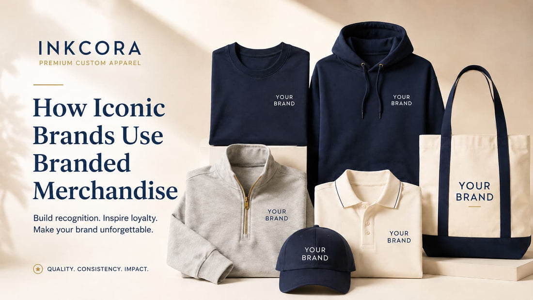 Custom branded apparel including a hoodie, T-shirt, polo, quarter-zip, cap, and tote bag with Your Brand logos, representing professional branded merchandise by Inkcora.