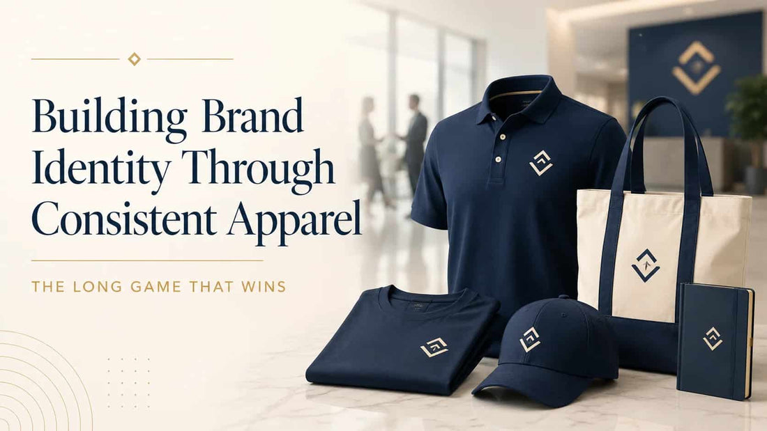 Consistent branded apparel collection with custom polo, T-shirt, cap, tote bag, and notebook for building corporate brand identity
