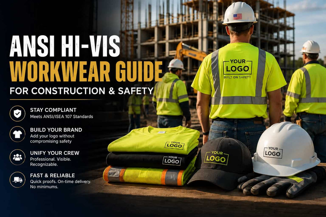 Construction workers wearing custom ANSI high-visibility workwear with branded safety shirts, hard hats, and caps