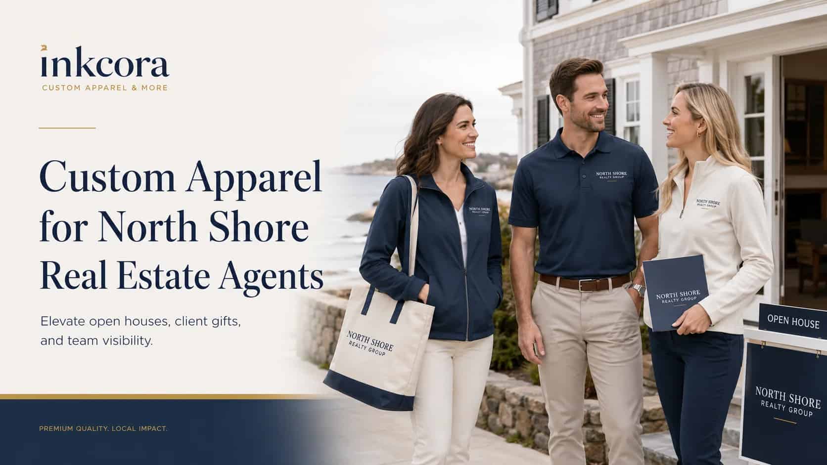 North Shore real estate agents wearing custom branded polos and jackets at a coastal open house in Massachusetts