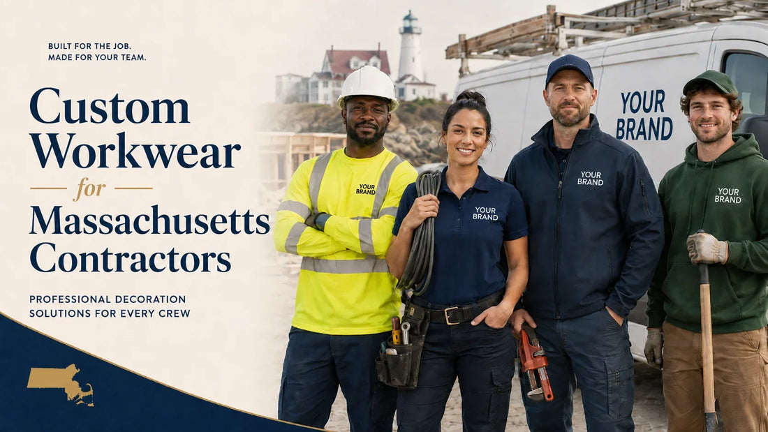Massachusetts contractors wearing custom branded workwear, including high-visibility shirts, polos, jackets, hoodies, and caps