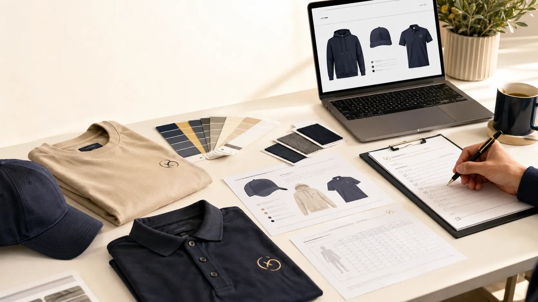 Custom apparel order planning with branded polo, T-shirt, cap, fabric swatches, product mockups, and a printed checklist