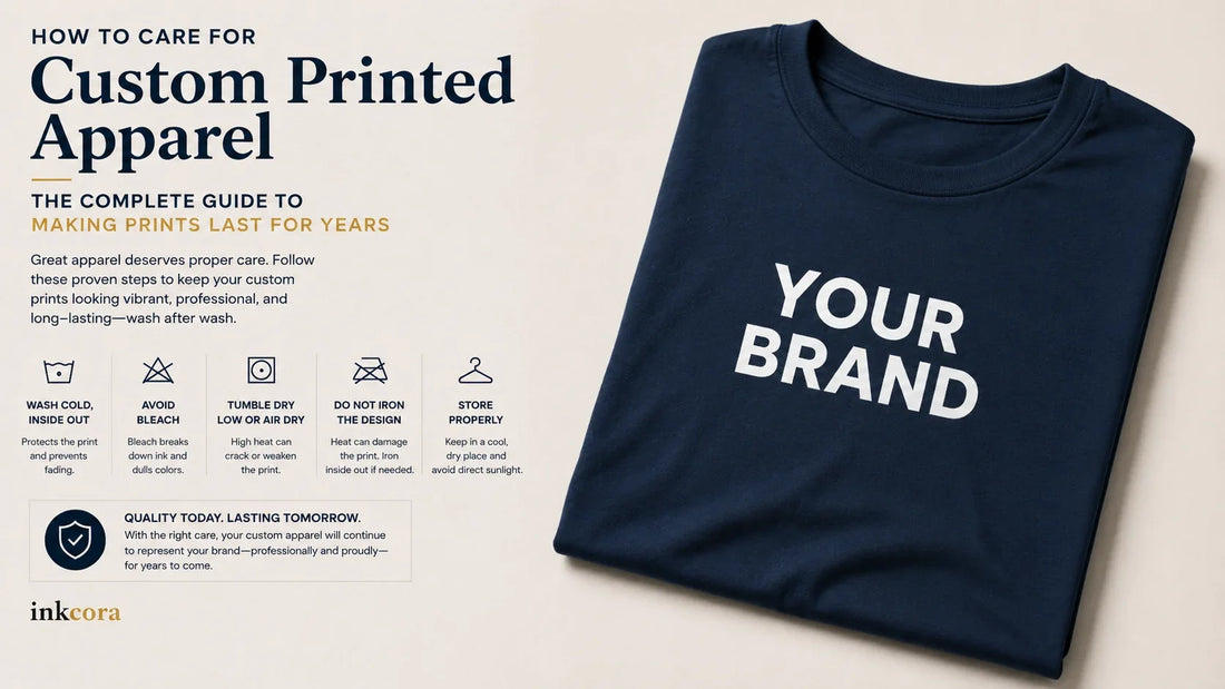Custom printed apparel care guide with a navy branded T-shirt and washing, drying, ironing, and storage instructions