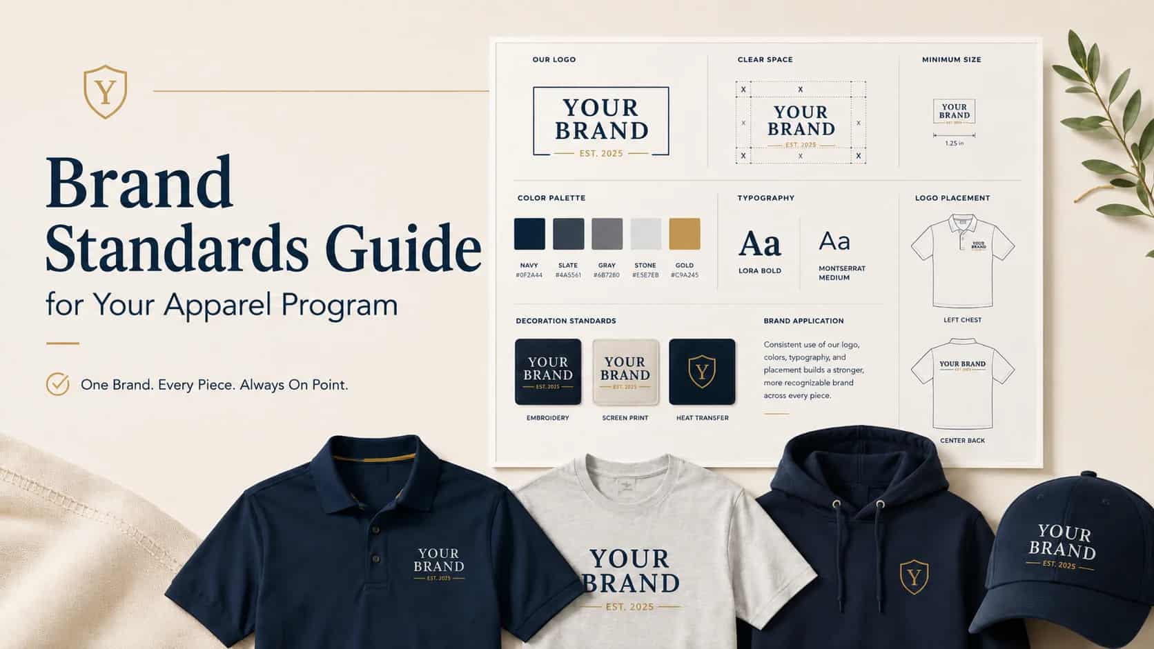 Brand standards guide for a custom apparel program with logo rules, colors, typography, polo, T-shirt, hoodie, and cap