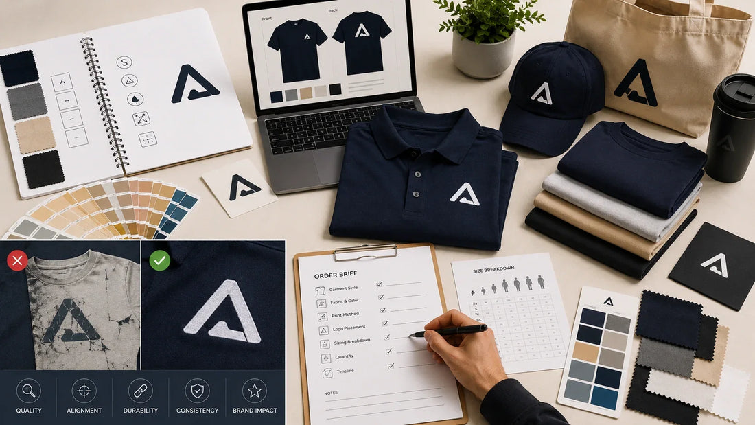 Custom apparel logo design process with embroidered polo, cap, tote bag, T-shirts, fabric swatches, and order planning materials