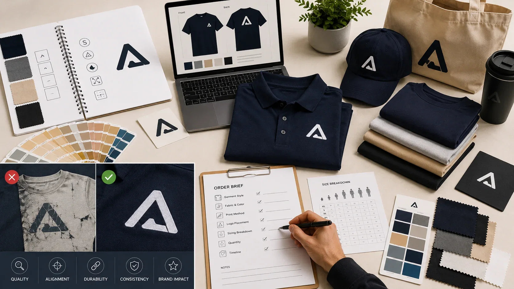 Custom apparel logo design process with embroidered polo, cap, tote bag, T-shirts, fabric swatches, and order planning materials