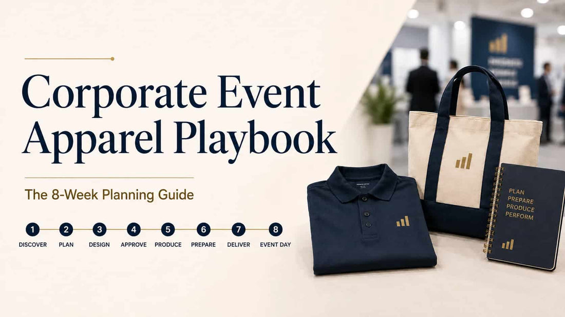 Corporate event apparel planning guide with branded polo, tote bag, notebook, and an eight-week production timeline