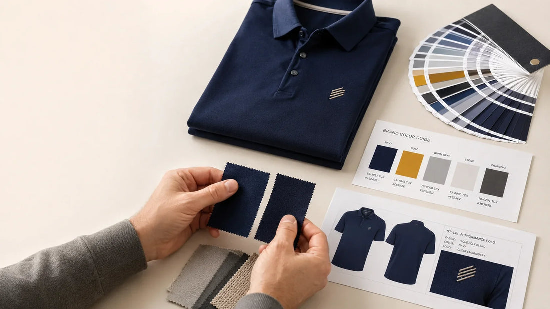 Pantone color matching for custom apparel with an embroidered navy polo, fabric swatches, brand color guide, and product mockup