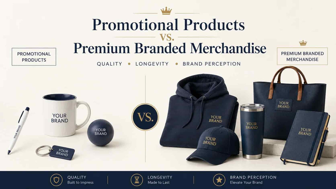 Comparison of promotional products and premium branded merchandise, including custom mugs, pens, hoodies, caps, tumblers, bags, and notebooks