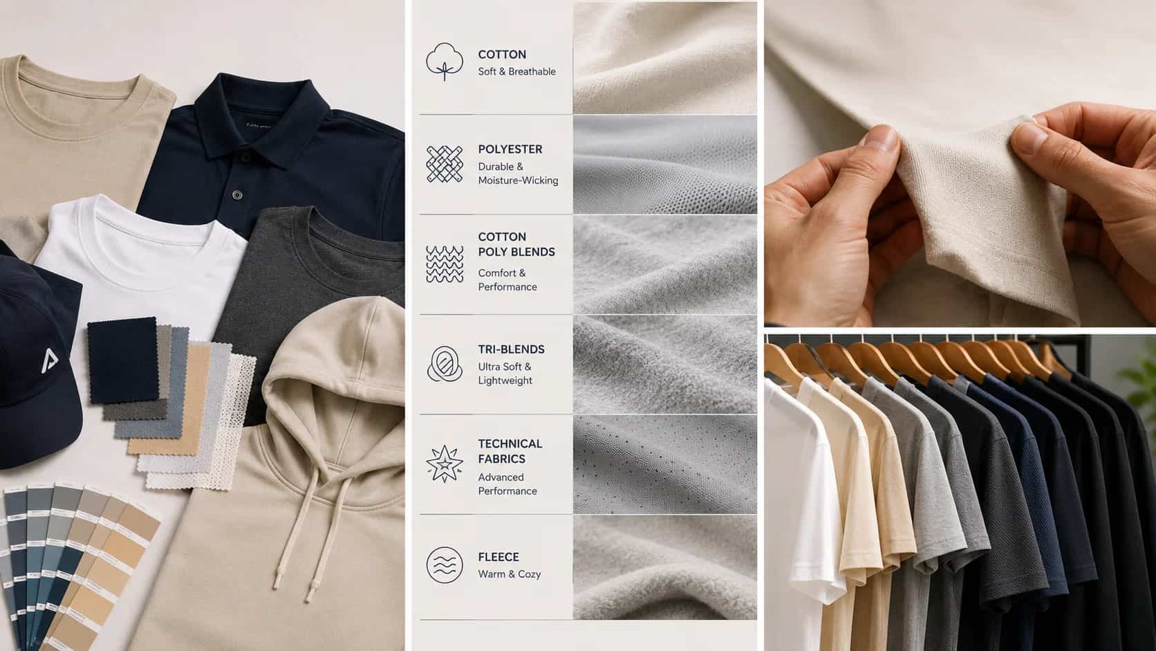 Comparison of cotton, polyester, cotton-poly blends, tri-blends, technical fabrics, and fleece for custom apparel printing