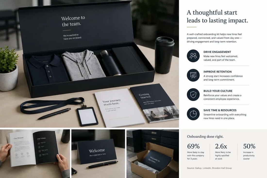 Corporate onboarding kit with branded polo, hoodie, tumbler, employee handbook, ID badge, and welcome materials for new hires