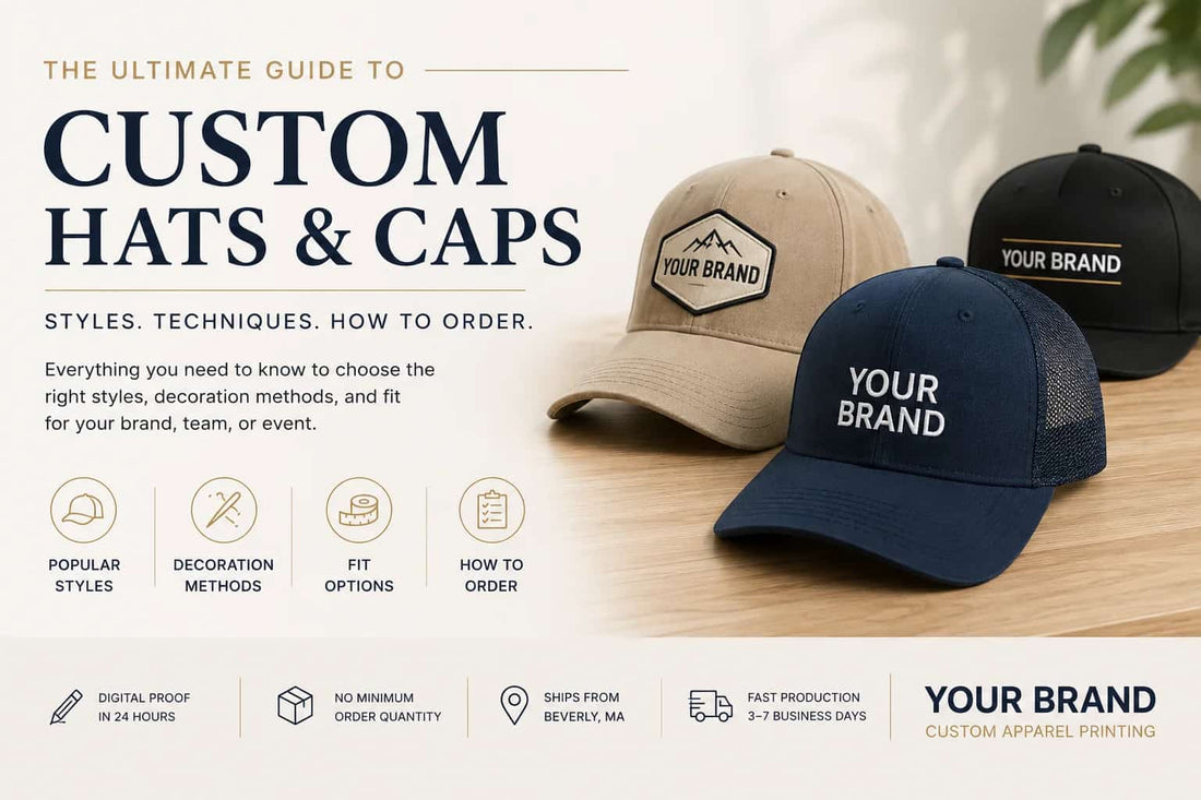 Custom embroidered hats and caps in navy, black, and beige featuring branded designs and popular decoration styles