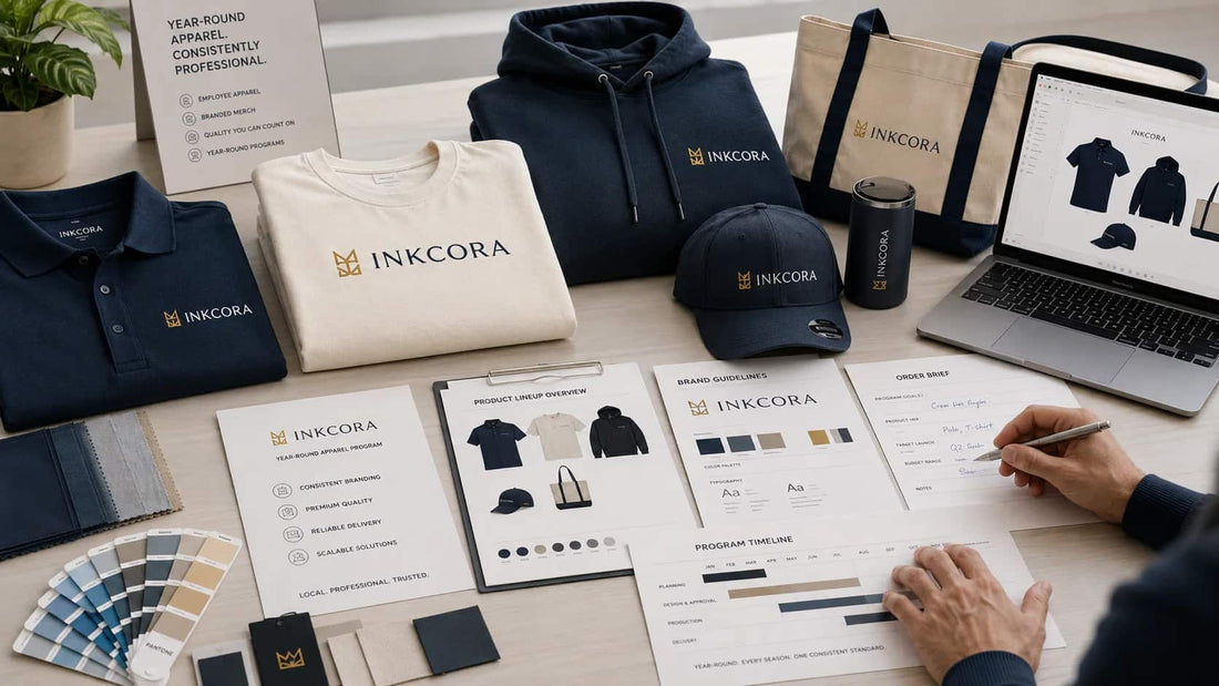 Inkcora year-round corporate apparel program with branded polos, T-shirt, hoodie, cap, tote bag, tumbler, and planning materials