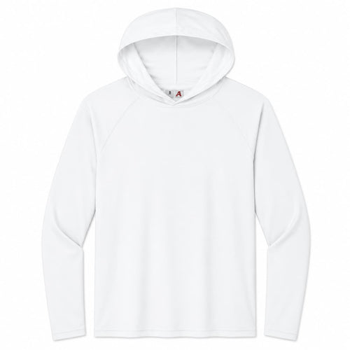 A4 cooling performance long sleeve hooded tee in white, front view, ready for custom printing