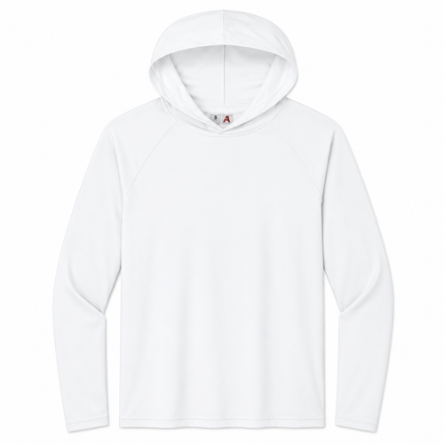 A4 cooling performance long sleeve hooded tee in white, front view, ready for custom printing