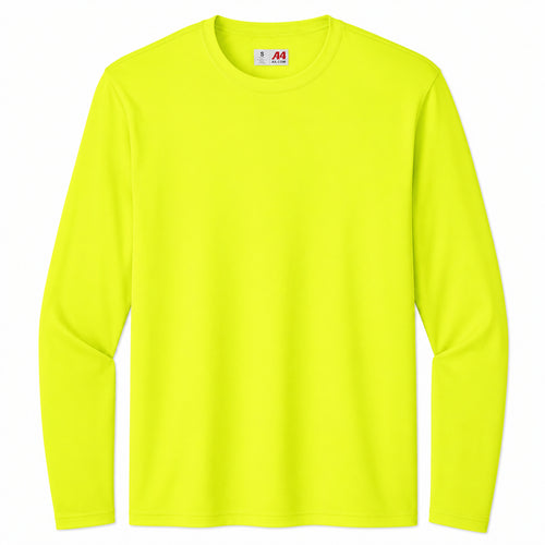A4 cooling performance long sleeve tee in safety yellow, front view, ready for custom printing
