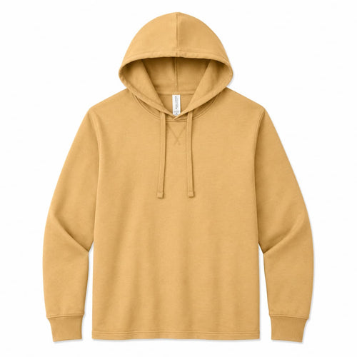 Allmade mineral-dyed organic cotton hoodie tee in mineral brown, front view, ready for custom printing