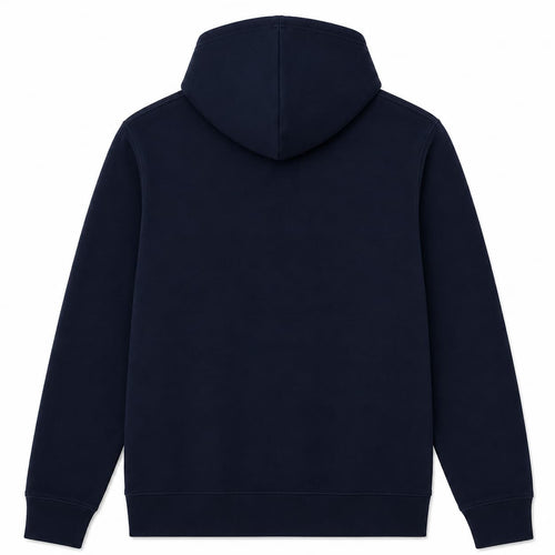 Allmade organic French terry pullover hoodie in navy, back view, ready for custom printing or embroidery