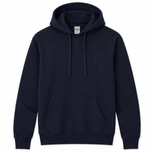 Allmade organic French terry pullover hoodie in navy, front view, ready for custom printing or embroidery