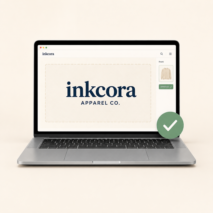 Review and approve your Inkcora digital proof online before your custom apparel order moves into production.