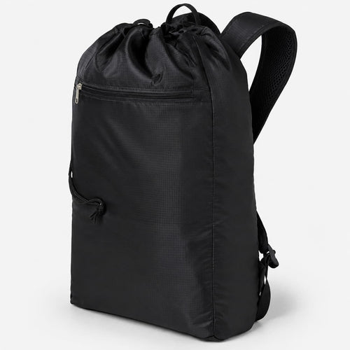 BAGedge Getaway cinchback travel backpack in black, front three-quarter view, ready for custom embroidery or DTF printing