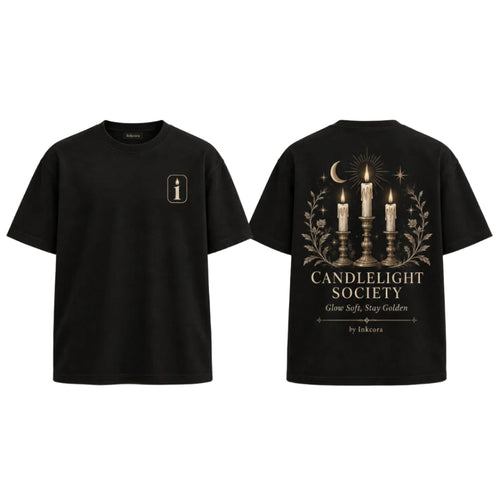 Front and back view of off-white INKCORA Candlelight Society apparel featuring a candle emblem on the chest and vintage black and gold candle artwork on the back.