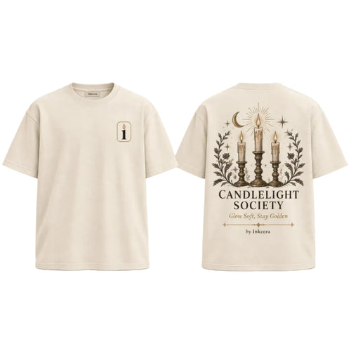Front and back view of off-white INKCORA Candlelight Society apparel featuring a candle emblem on the chest and vintage black and gold candle artwork on the back.