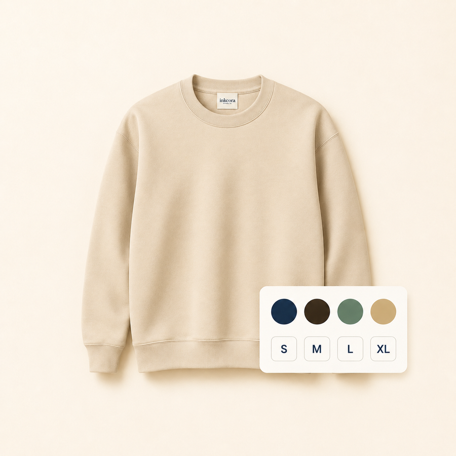 Choose and customize your apparel by selecting the product, color, size, and uploading your custom design with Inkcora.