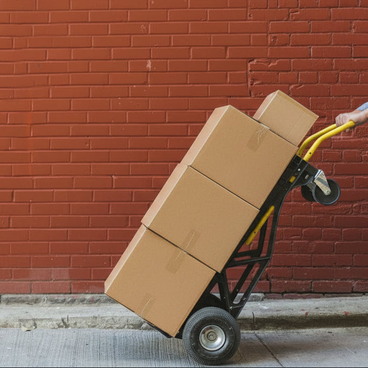 Cardboard shipping boxes being transported on a hand truck for Inkcora custom apparel order delivery.