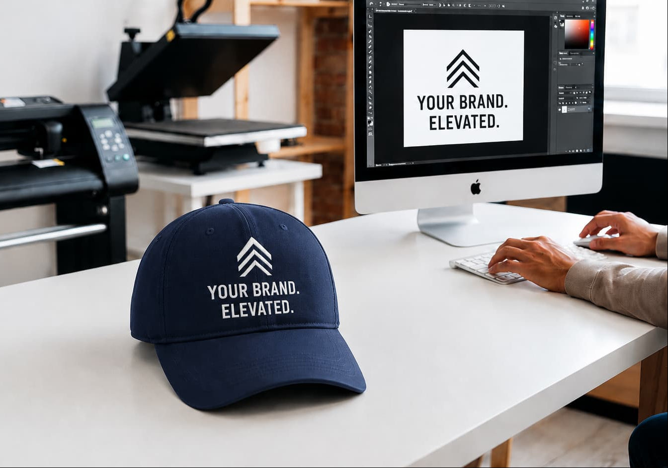 Navy custom branded cap with Your Brand Elevated design in a professional apparel printing and design studio.