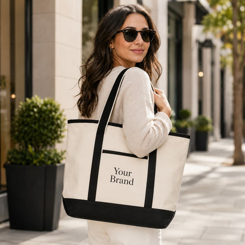 Woman carrying a natural canvas deluxe tote with black trim customized with Your Brand print.