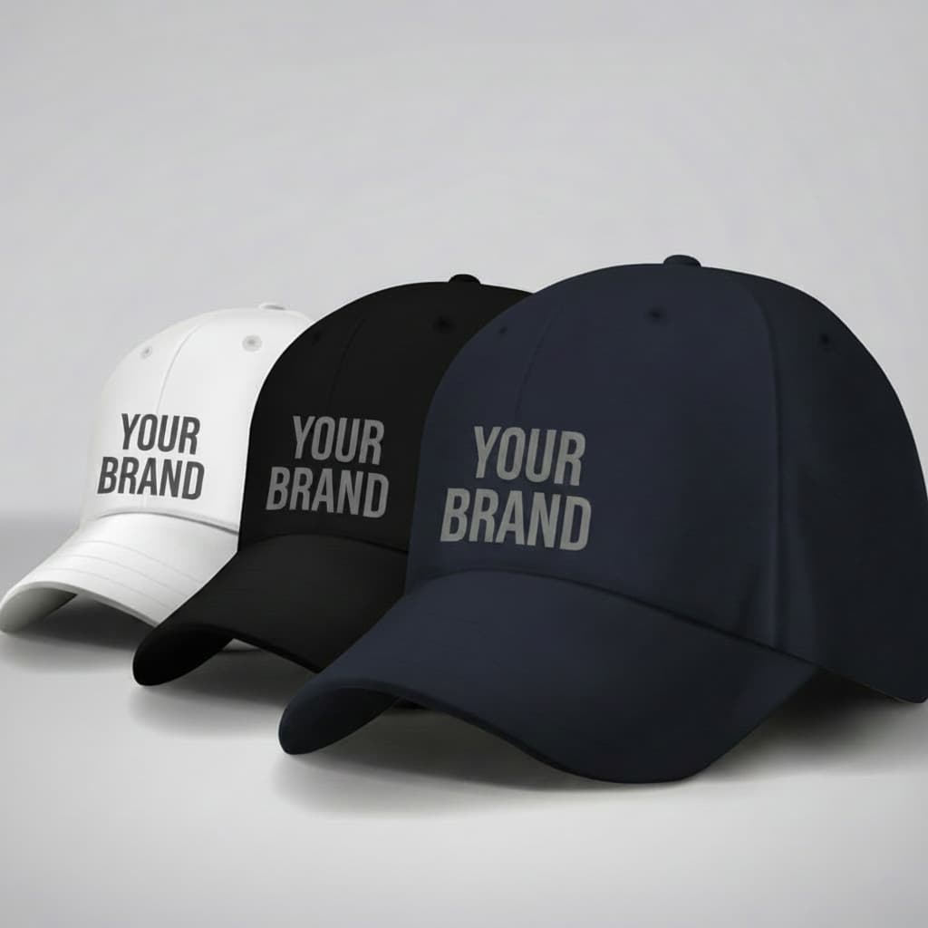 Custom snapback hats in navy, black, and white featuring personalized Your Brand logo printing.