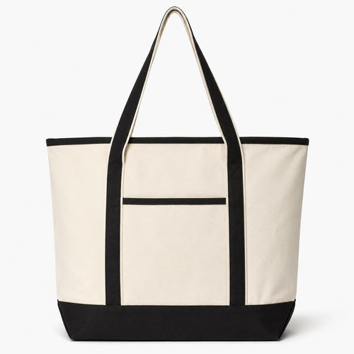 Q-Tees 34.6L large canvas deluxe tote in natural with black trim and handles, front view, ready for custom printing