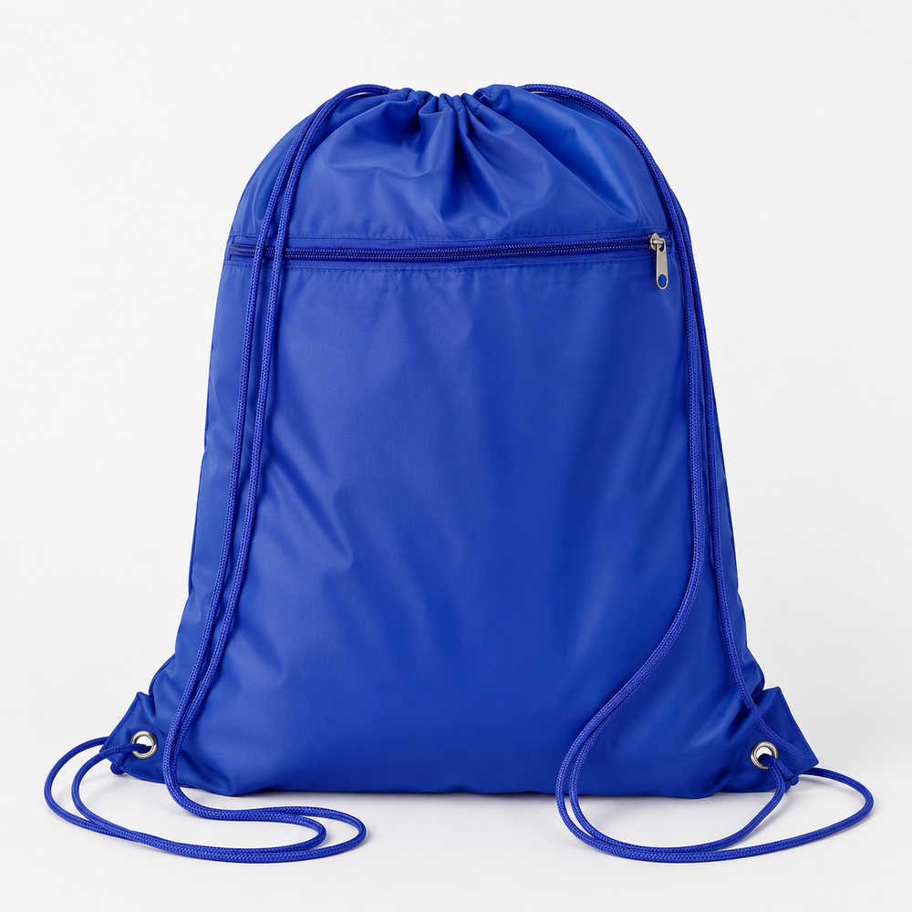 Q-Tees polyester drawstring backpack in royal blue with zippered front pocket, front view, ready for custom printing