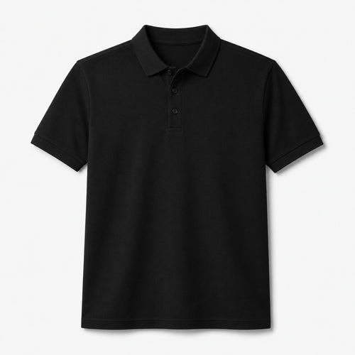 Unisex 50/50 DryBlend polo shirt in black, front view, ready for custom printing