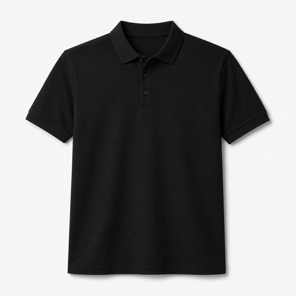 Unisex 50/50 DryBlend polo shirt in black, front view, ready for custom printing