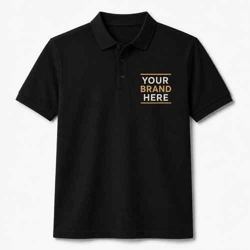 Unisex 50/50 DryBlend polo shirt in black, front view, ready for custom printing
