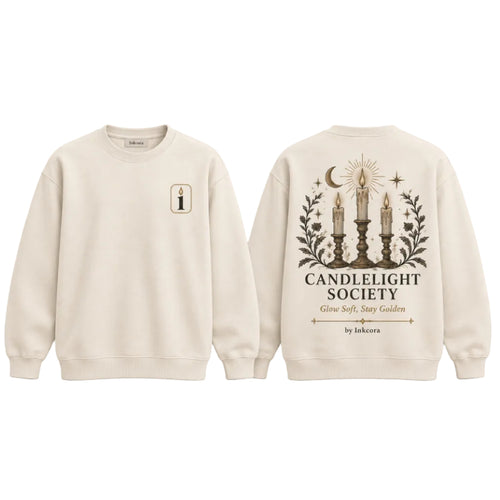 Front and back view of Beige INKCORA Candlelight Society crewneck featuring a small candle emblem on the chest and three glowing candles with crescent moon, stars, and botanical artwork on the back