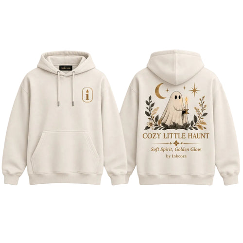 Front and back view of Beige INKCORA Cozy Little Haunt hoodie featuring a small candle emblem on the chest and a ghost holding a candle with crescent moon and botanical artwork on the back.