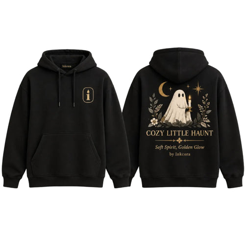 Front and back view of Black INKCORA Cozy Little Haunt hoodie featuring a small candle emblem on the chest and a ghost holding a candle with crescent moon and botanical artwork on the back.