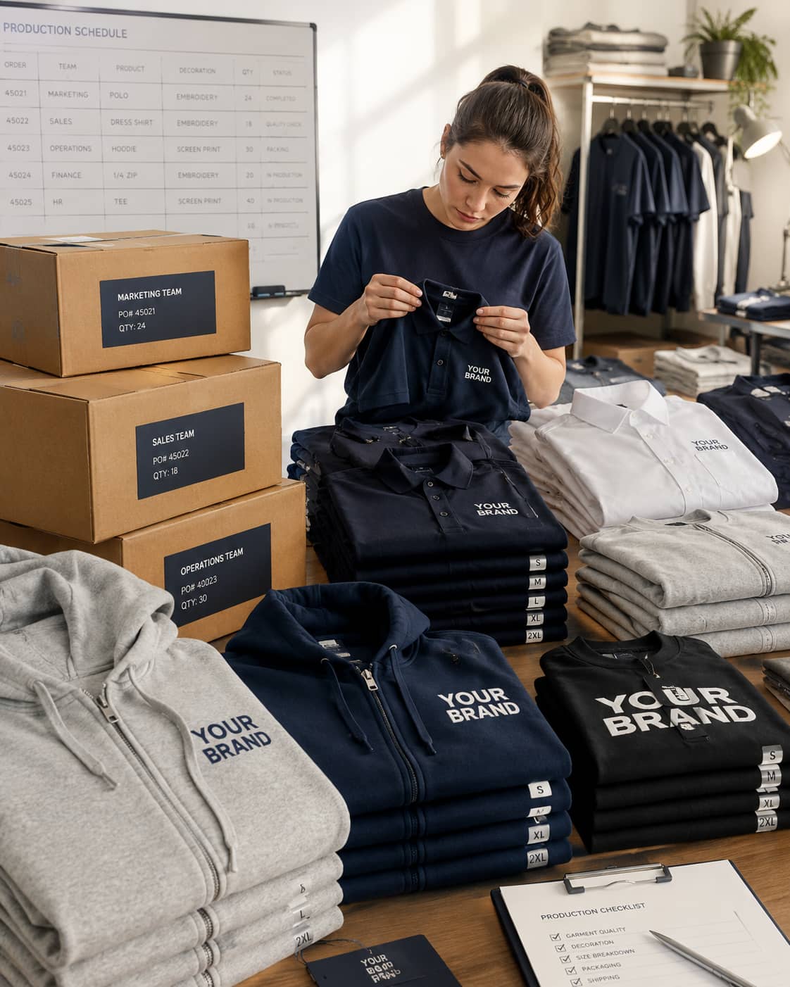 Inkcora team member inspecting custom apparel during quality control and order preparation.